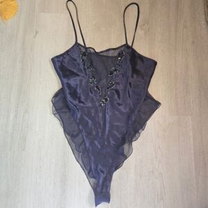 Vintage Gold Label Victoria's Secret Navy Sheer Embellished Teddy Bodysuit, M